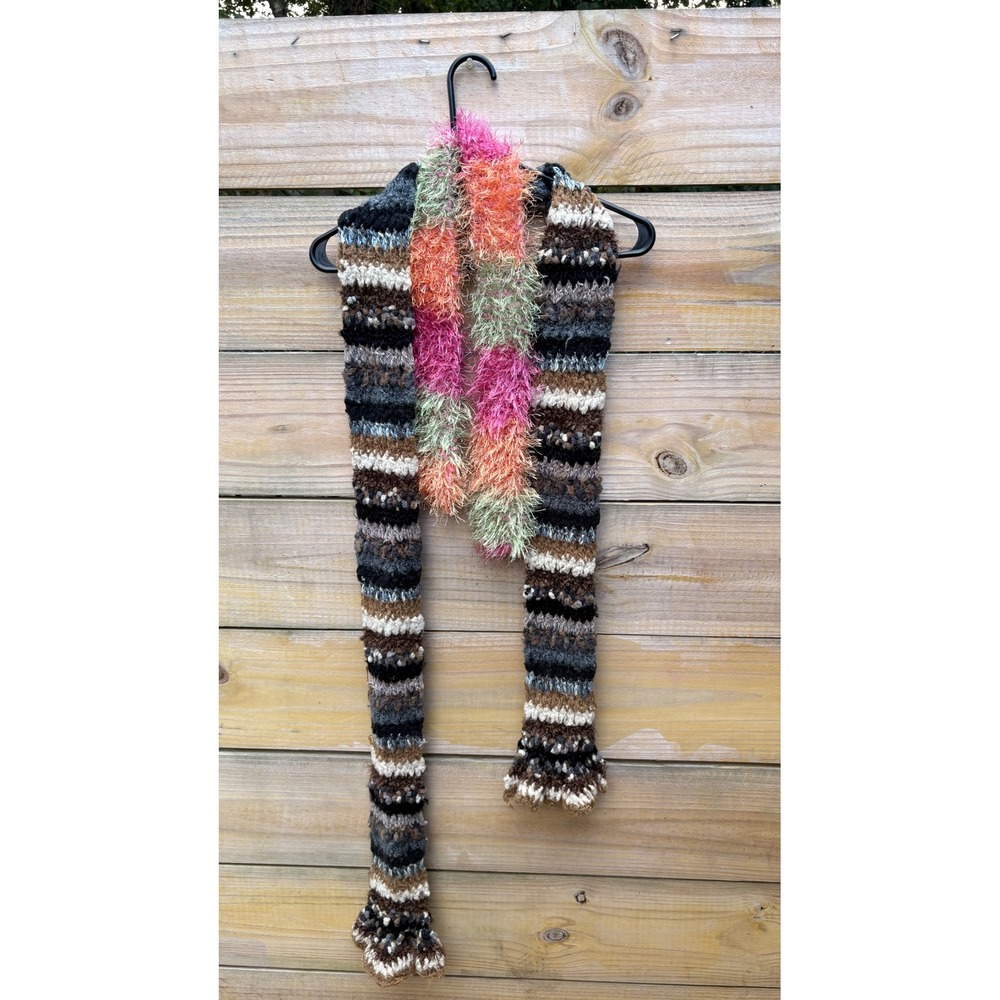Handmade Crochet Scarf Striped Earth Tones Neon Pink Orange Fuzzy Eyelash Yarn